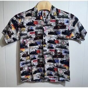 Max Boxxer USA Mens Medium Railroad Train Steam Locomotive Print Button‎ Shirt